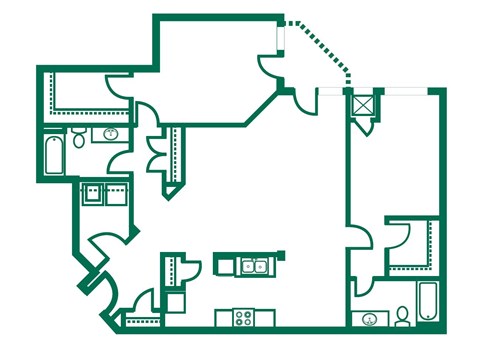 Floor plan for 2 beds, 2 baths, 1032 sqft